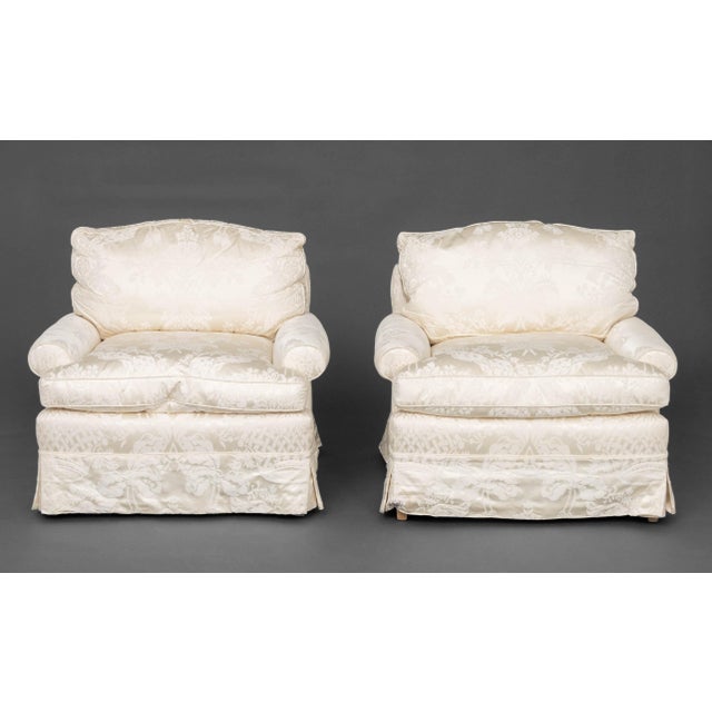 Pair of White Silk Damask Upholstered Easy Chairs, Fine Arts Furniture labels beneath cushions. 29.5" H x 34.5" w x 34" D;...