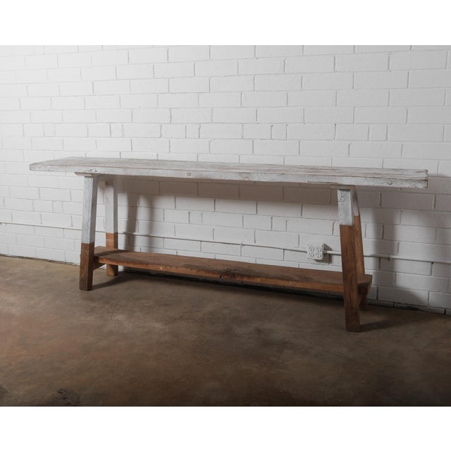 Rustic Vintage Console Table With Distressed Whitewashed Finish For Sale - Image 4 of 7