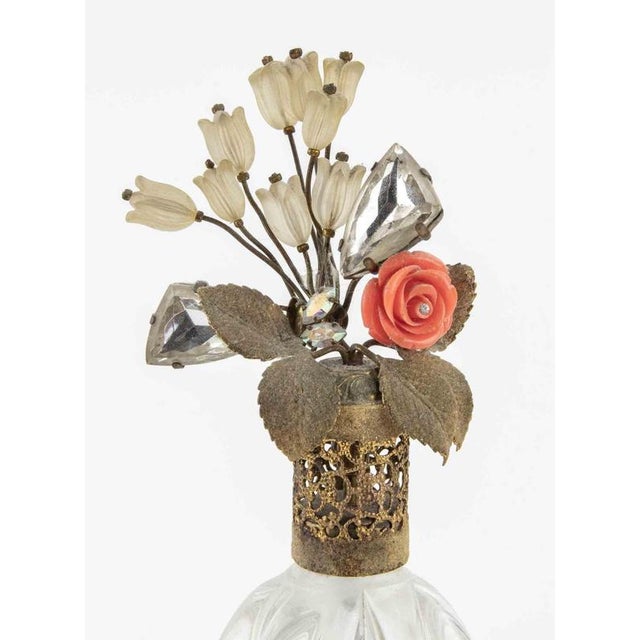 Price Clear Glass Perfume Bottle with Jeweled Top made in France between 1930s and 1940s. Gilded Metal and crystal...