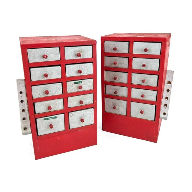 Vintage 1950s Red Handmade Industrial Wood 10-drawer Storage Units - A Pair For Sale In Philadelphia - Image 6 of 10