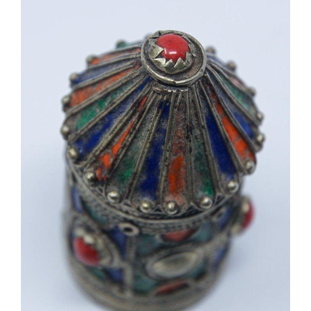 Antique Kabyle Berber Silver & Enamel Kohl Jewelry Box, Algeria, Circa 1920s For Sale - Image 12 of 17