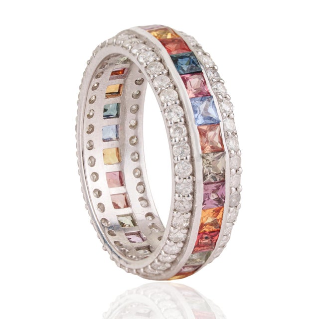 Not Yet Made - Made To Order 2.53 Ct Geometric Multi Sapphire & Diamond Three Row Eternity Band Ring, Size 8 For Sale - Image 5 of 14