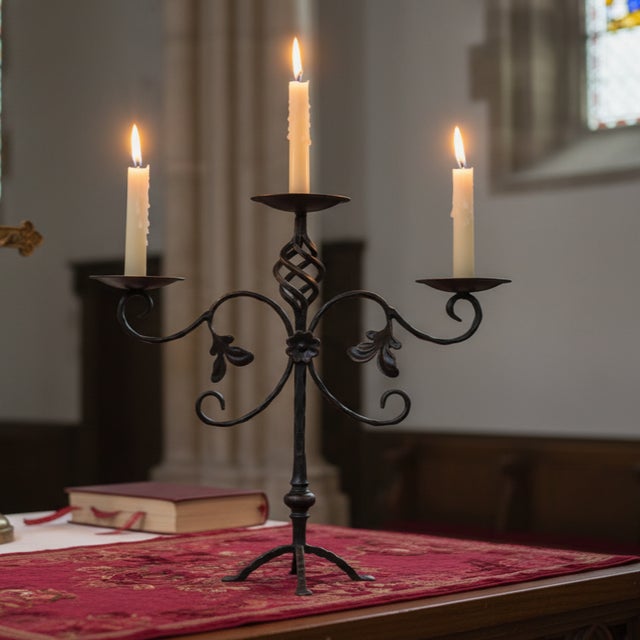 Hand Forged Iron Candelabra 19.5″ (49cm) Antique Copper Finish Grand Estate Wide-Arm Centerpiece For Sale - Image 4 of 8