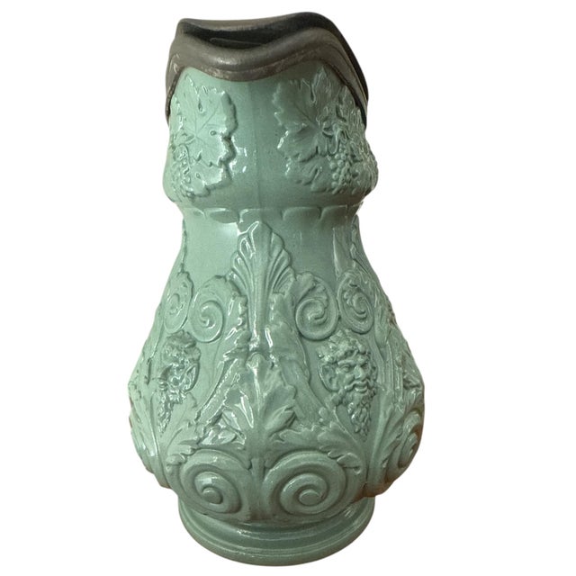 Mid 19th Century Rare Seafoam Glaze Ridgway Relief-Molded Pitcher With Pewter Lid — Bacchus Motif — 8” For Sale In Los Angeles - Image 6 of 8