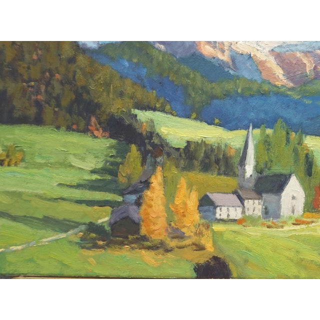 Original oil painting by Sean Wu, Beautiful Albes scenery, lush green grass, and shimmering white houses.