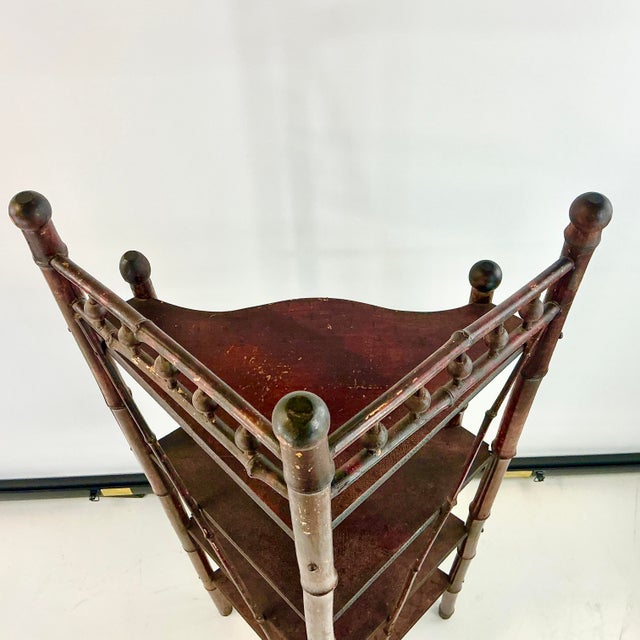1940s Vintage Coastal British Colonial Stick & Ball Bamboo Corner Etagere - Oxblood Stain. For Sale - Image 12 of 18