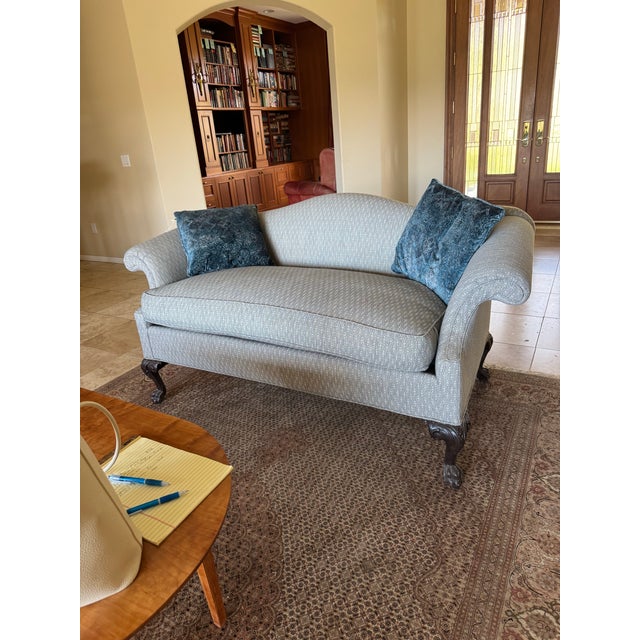 Vintage Antique Reproduction Chippendale Camelback Sofa Loveseat, newly reupholstered in a beautiful geometric textural...