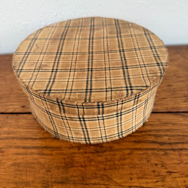 Tan Antique Round Plaid Fabric Covered Band Box With Lid For Sale - Image 8 of 8