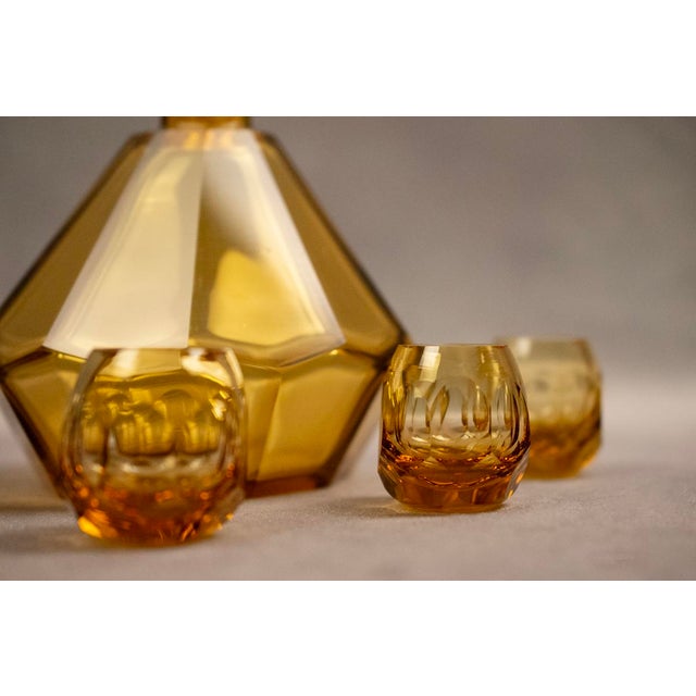 1940s Art Deco Carafe and Liqueur Glasses in Frosted Orange Faceted Glass by Rudolf Eschler for Moser Karlsbad, 1940s, Set of 6 For Sale - Image 5 of 18