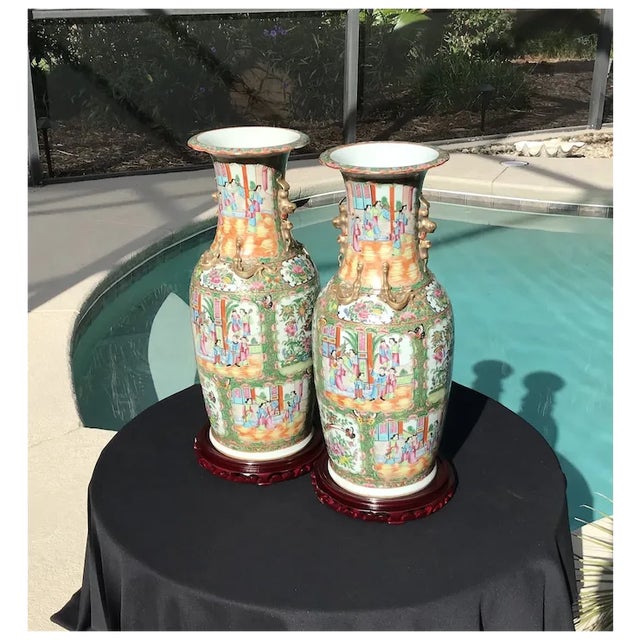 Large pair of C. 1860 Rose Medallion vases in excellent condition except for one lip chip professional repair. Fine detail...