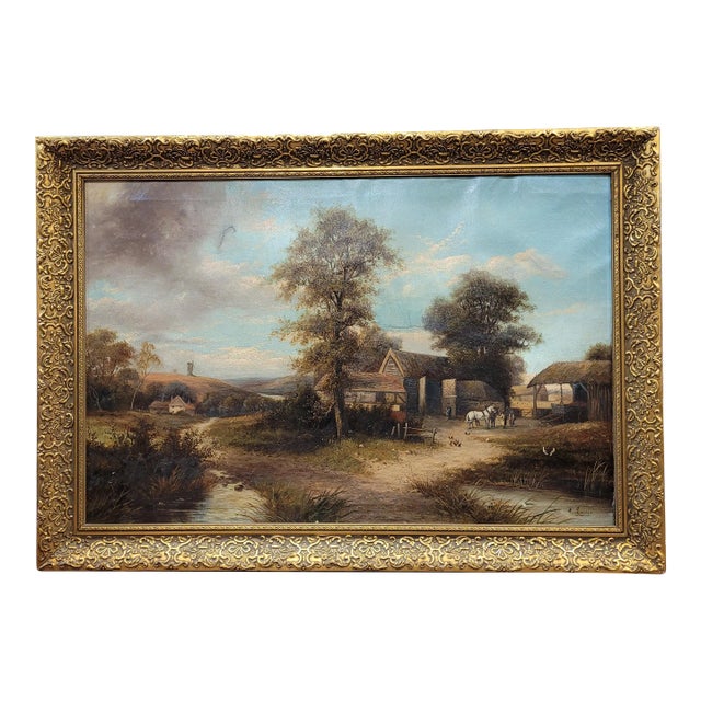 19th Century Signed Antique Farmscape Oil Painting, Framed For Sale