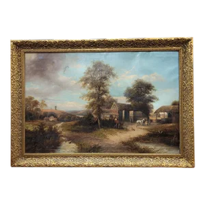 19th Century Signed Antique Farmscape Oil Painting, Framed