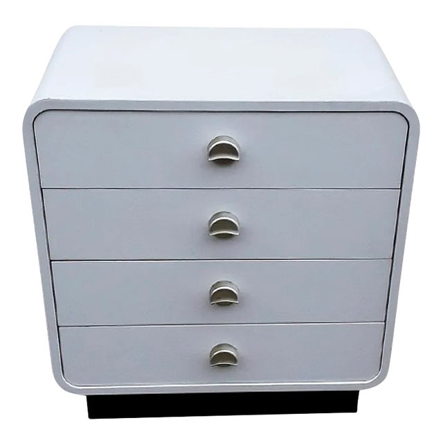 Small White Formica Chest of 4 Drawers with Silver Shell Handles & Black Base, 1970s For Sale