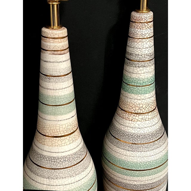 Tall Pair 1960s Bottle-Form Striped Ceramic Lamps With Crackle Glaze Finish For Sale - Image 4 of 10