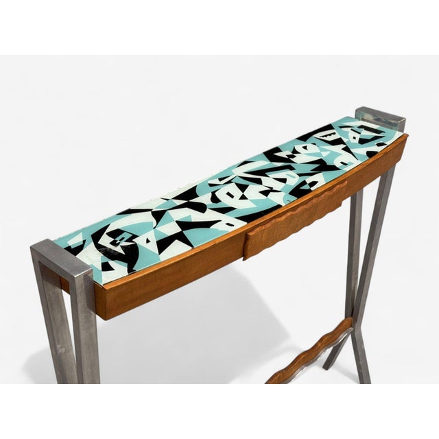 1960s Italian Modern, Painted Glass, Ash Wood, Metal, Console Table, Italy, 1960s For Sale - Image 5 of 10