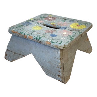 Antique Primitive Farmhouse Gray Floral Footstool For Sale