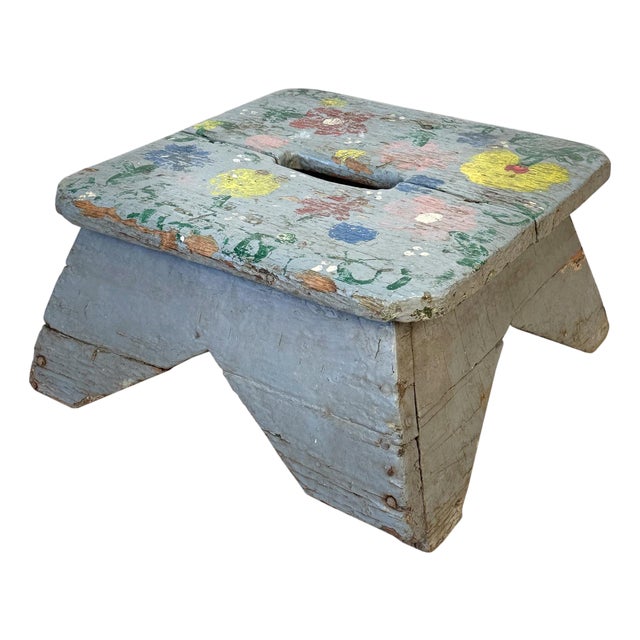 Antique Primitive Farmhouse Gray Floral Footstool For Sale