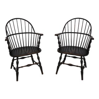 Pair Vintage Distressed Finish Windsor Armchairs For Sale