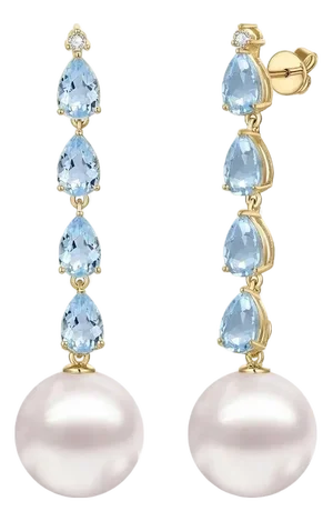 Nina Zhou Rhythm 3.25ctw Natural Aquamarine & Diamond and Pearl Drop Earrings in 14k Gold