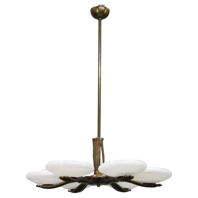 Art Deco Brass Chandelier with 6 Glass Shades, Former Czechoslovakia, 1930s For Sale - Image 16 of 16