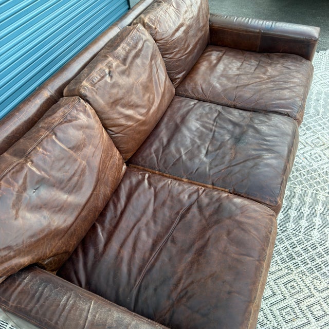 Restoration Hardware Genuine Top Grain Brown Leather Sofa For Sale - Image 17 of 18