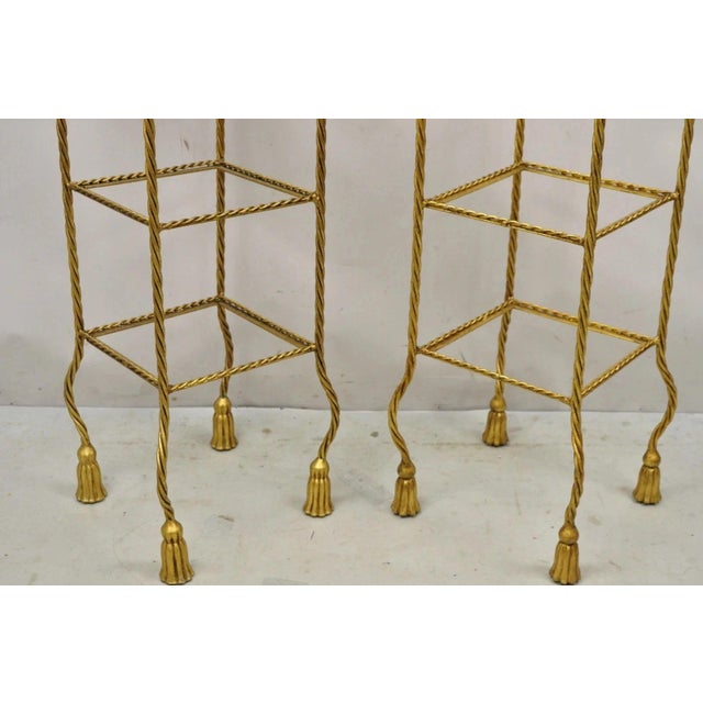 Metal Mid 20th Century Italian Hollywood Regency Rope Tassel Gold 4 Tier Iron Etagere Shelf - A Pair For Sale - Image 7 of 10