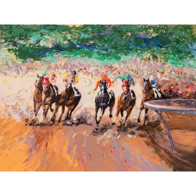 This dynamic serigraph by Mark King captures the thrilling energy of horse racing, with jockeys urging their mounts...