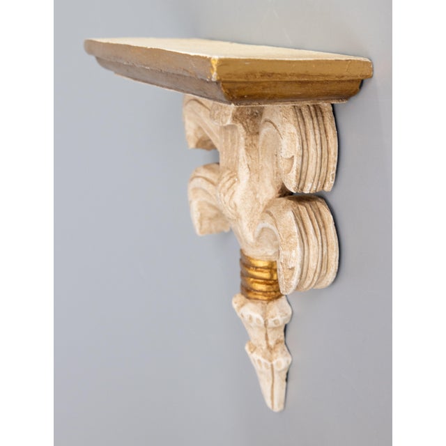 Hollywood Regency Vintage Italian Distressed White and Gold Giltwood Wall Bracket Shelf For Sale - Image 3 of 6