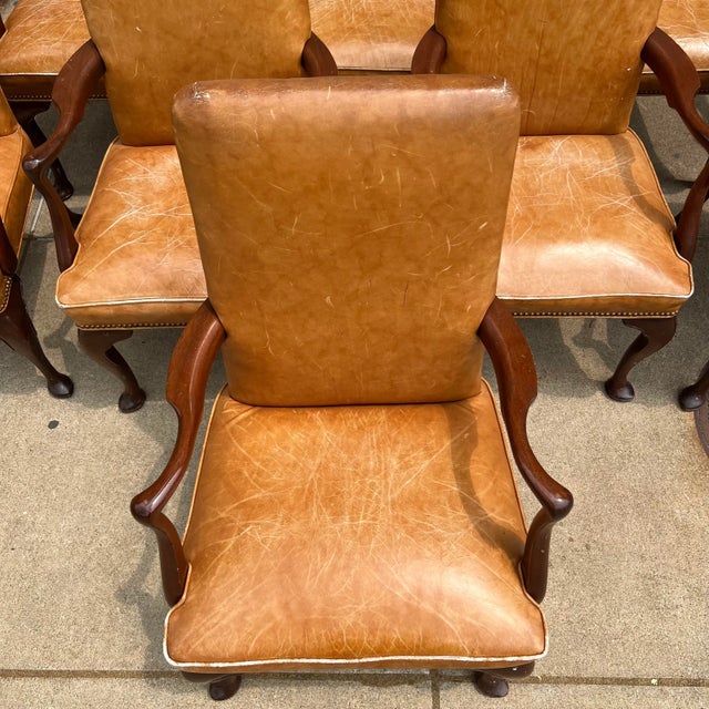 Wood 10 Antique Leather and Wood Arm Chairs Dining Conference Desk For Sale - Image 7 of 13