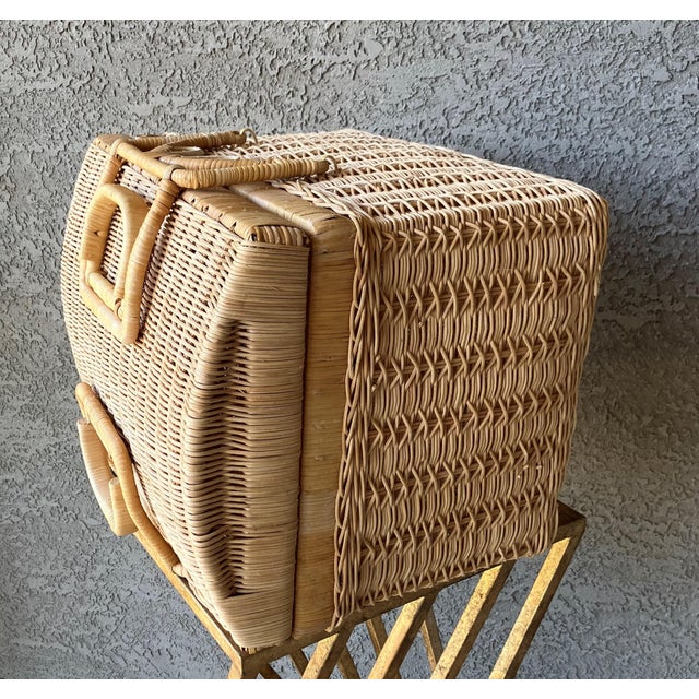 Circa 1970 Coastal Chic Nicely-Sized Decorative Rattan Sewing Basket With Folding Latch Handles For Sale - Image 12 of 15