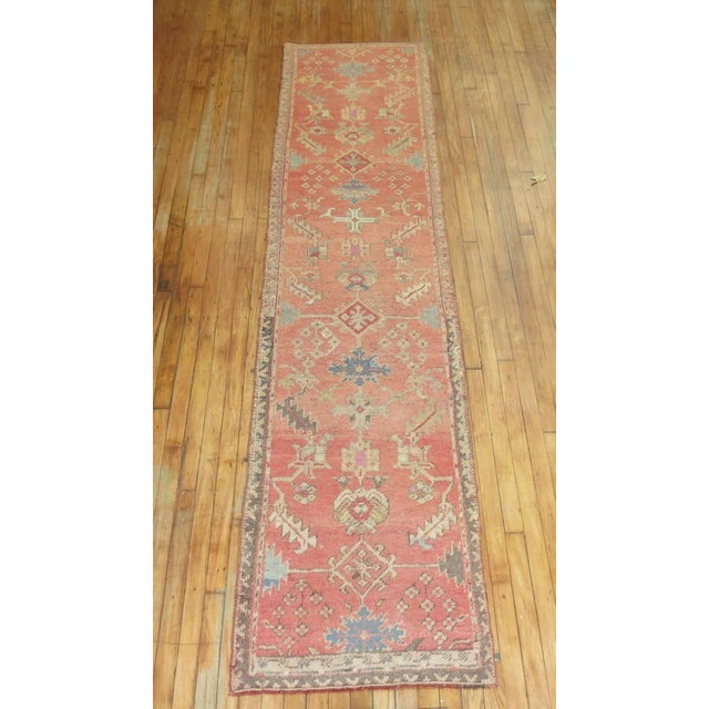 Pink Pink Antique Turkish Oushak Runner - 2'5" x 11'5" For Sale - Image 8 of 9