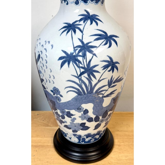Metal Pair Chinese Canton Style Blue and White Palm Tree Porcelain Vases, Now as Lamps For Sale - Image 7 of 10