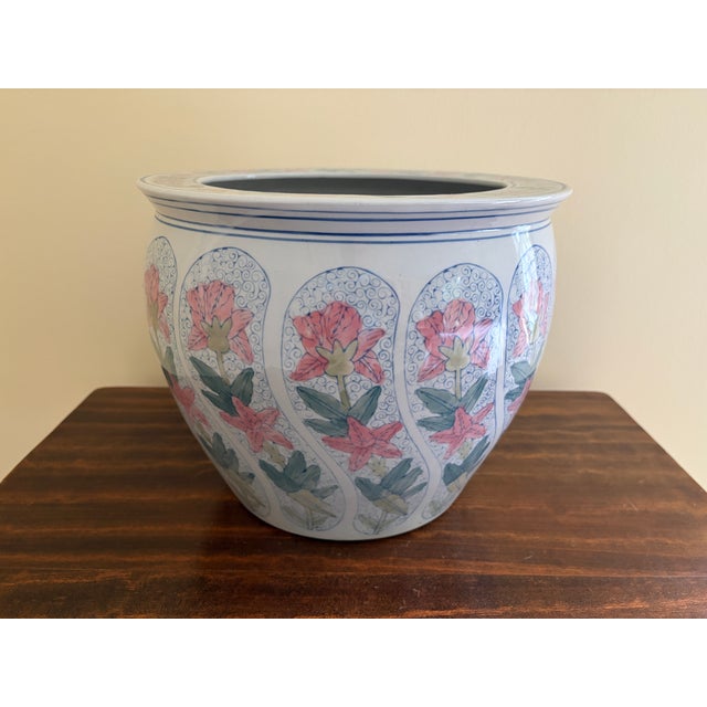 Vintage Chinoiserie Blue, Pink & Green Floral Ceramic Fishbowl Planter For Sale - Image 9 of 10