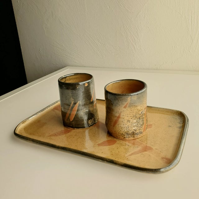 Apricot Porcelain With Shino Glaze Ceramic Saki Set & Matching Tray by Fireborn Studios For Sale - Image 8 of 8