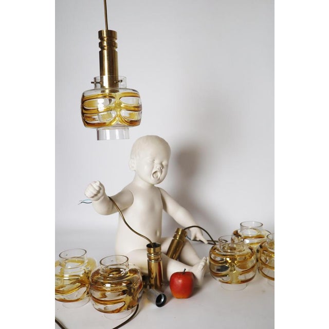 Mid-Century Murano Glass Pendant Lamp with Golden Yellow Waves and Brass, 1970s For Sale - Image 17 of 18