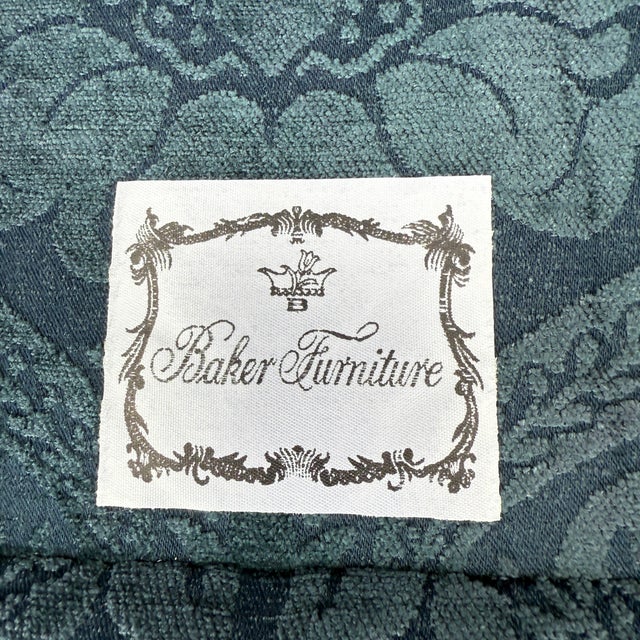 Blue Vintage Baker Furniture William and Mary Walnut, Blue Damask Custom Built High Seat Throne Lounge Chairs - A Pair For Sale - Image 8 of 18