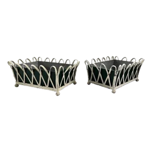 1930's White Painted Zinc Cachepot Planters or Jardinieres With Green Tole Liners on Ball Feet - a Pair