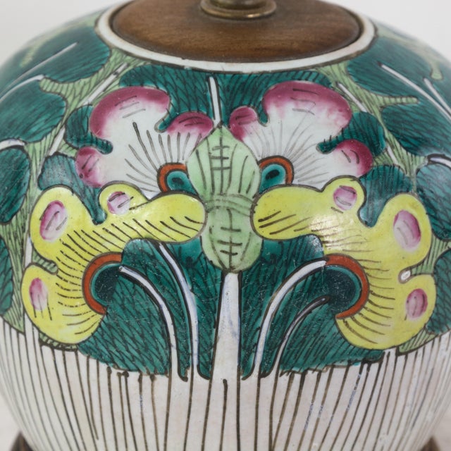 Antique Chinese Famille Rose Bok Choy Porcelain Table Lamp With Cabbage Leaf and Butterfly Motif For Sale - Image 11 of 12