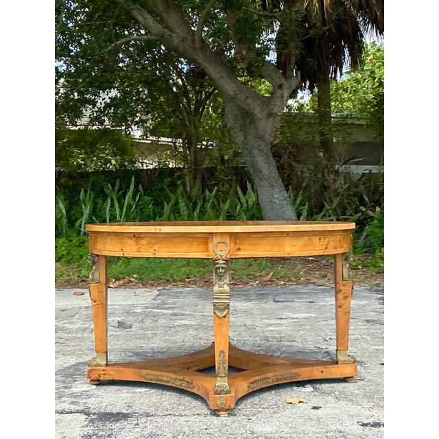Hollywood Regency Vintage Neoclassical Burl and Ormolu Center Hall Table For Sale - Image 3 of 8