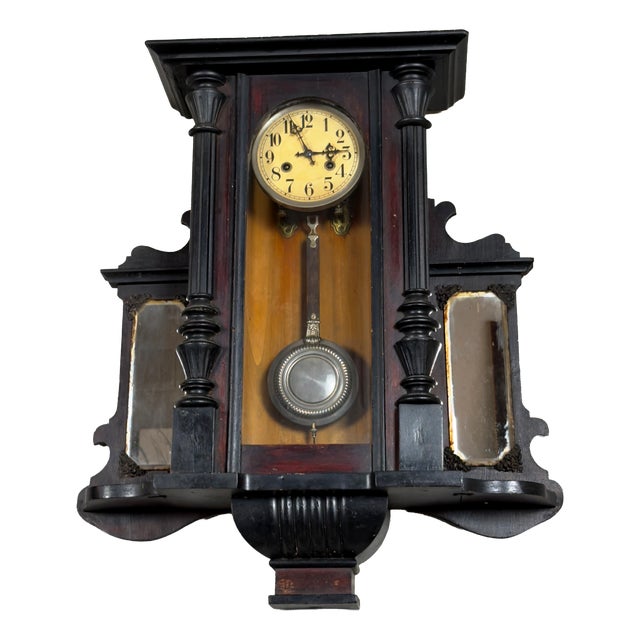 Early 20th Century Antique Wooden Mechanical Pendulum Wall Clock with Mirrors For Sale