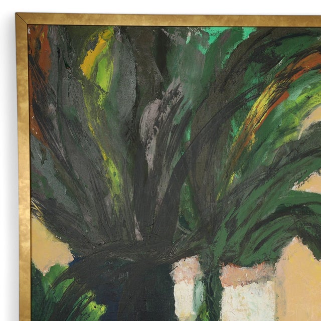 Lofty vintage oil painting on canvas of a still life with vases, leaves and flowers executed in an expressionist modern...