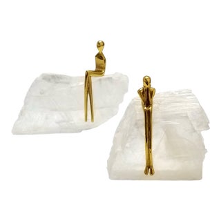 Selenite Rock Quartz Crystal Sculptures With Brass Figures by John Richards Collection - a Pair - Postmodern Mid Century Modern For Sale