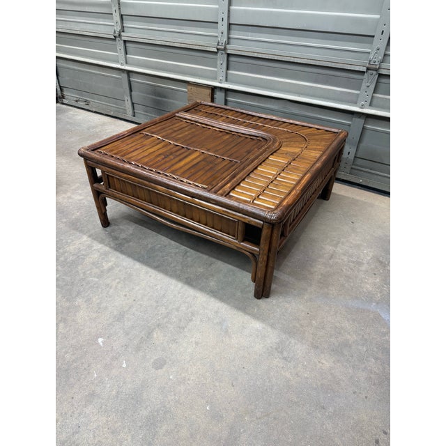 Chinoiserie 1970s Bamboo Rising Sun Square Coffee Table For Sale - Image 3 of 12