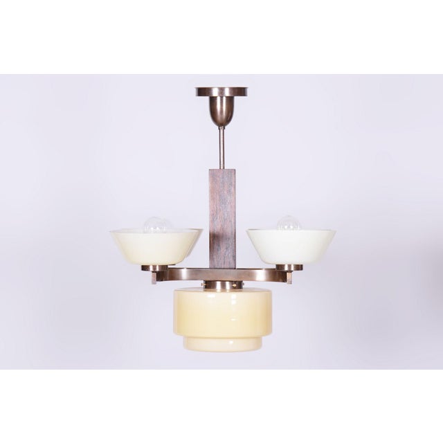 Art Deco Chandelier in Oak, Brass, and Opaline Glass, Czech, 1920s For Sale - Image 10 of 10