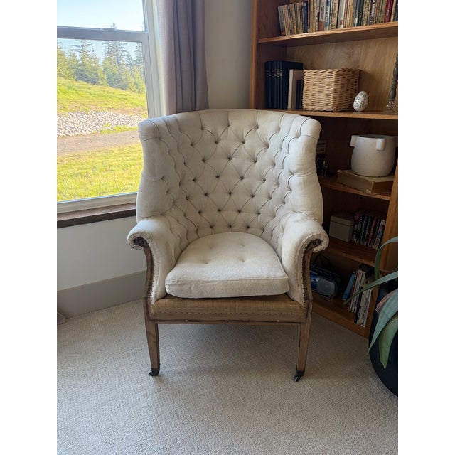 French Country Set of 2 Restoration Hardware Tufted Deconstructed Wingback Chairs For Sale - Image 3 of 10