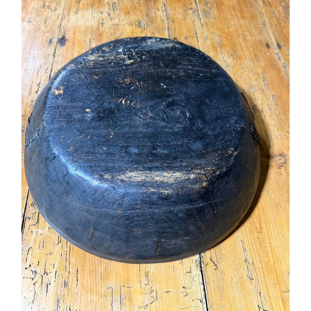 Antique Primitive Hand-Carved Wooden Bowl With Folk Art Wire Stitching and Brass Studded Rim For Sale - Image 4 of 9