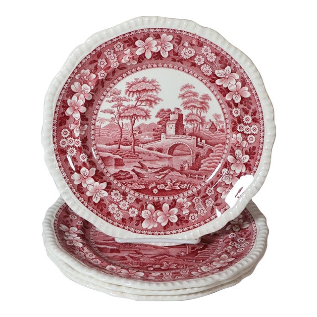 Set of 4 Vintage Copeland Spode Tower Red Transferware Plates, England, Circa 1920s–1930s For Sale