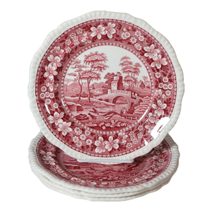 Set of 4 Vintage Copeland Spode Tower Red Transferware Plates, England, Circa 1920s–1930s