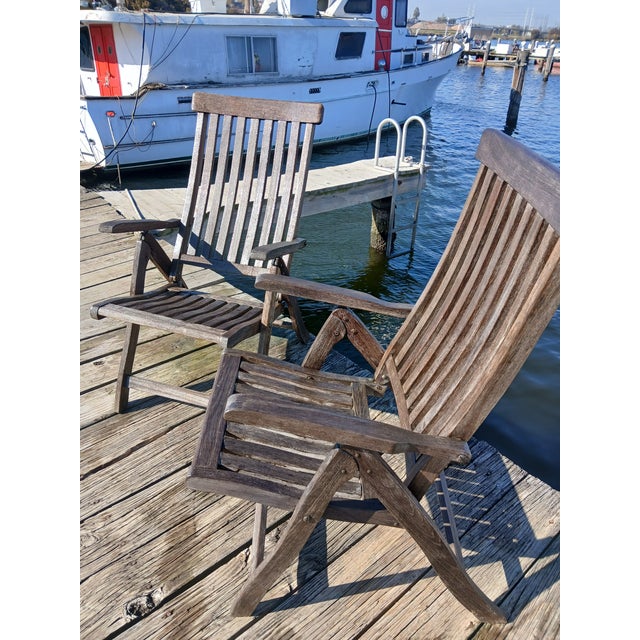 1990s Vintage Teak Folding Lounge Arm Deck Chairs - Set of 2 For Sale - Image 5 of 12