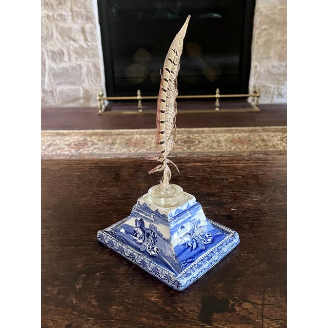 Antique English Blue & White Transferware Pyramidal Inkwell With French Glass Insert & Quill For Sale - Image 10 of 14